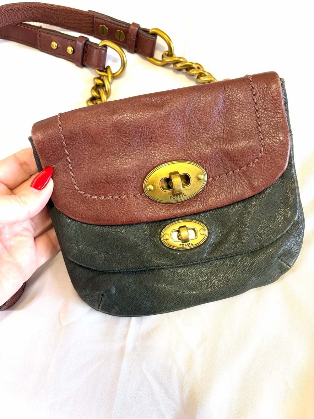 Fossil Mason vintage Two-Tone Leather Crossbody mini bag Dark Green purse